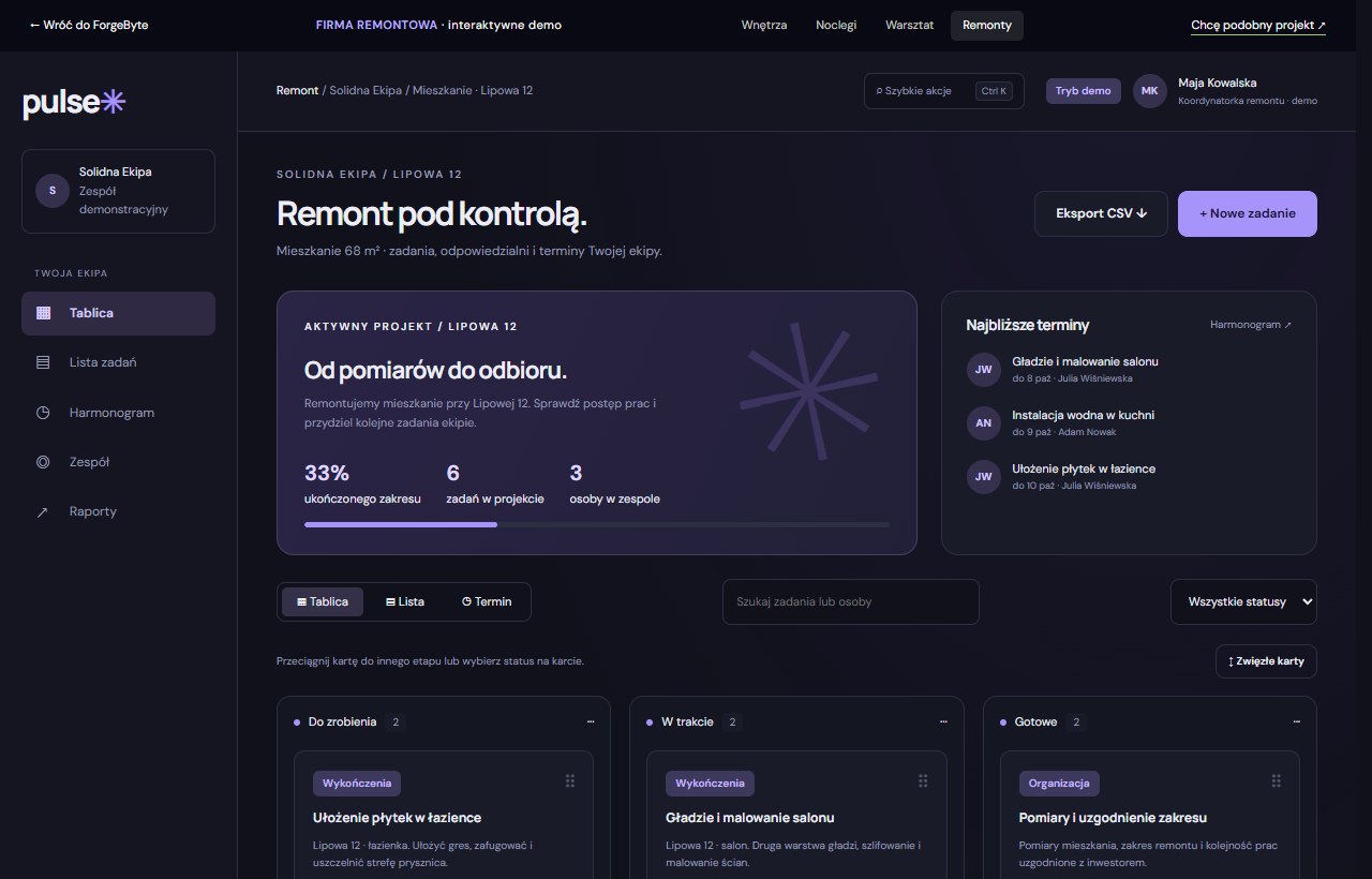 Pełny interfejs demo Pulse — remont pod kontrolą